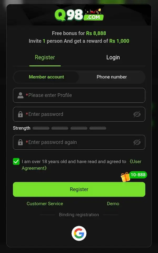 Q98 Game APK Register Imag